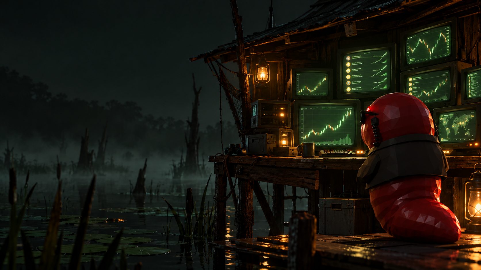 Agent Leech at his desk in a swamp hut, watching a wall of monitors