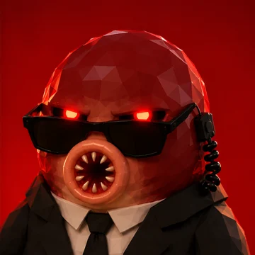 Sunglasses lowered, both red eyes looking straight at you